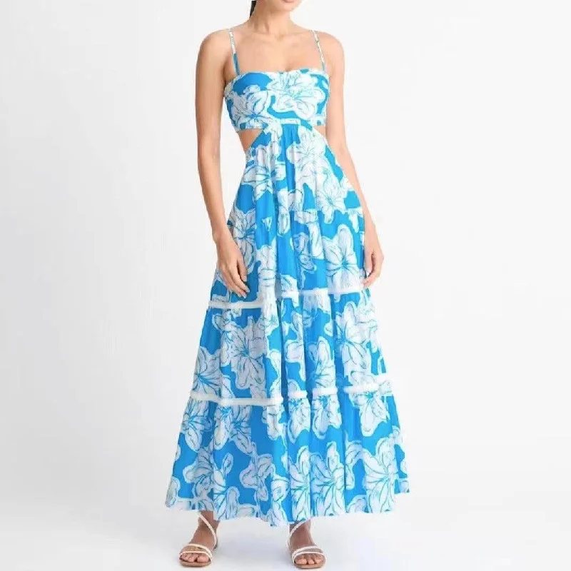 KittenAlarm - Diane Spaghetti Strap Hollow Out Aloha Print Maxi Dress