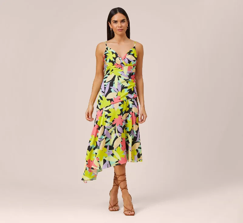 Floral-Print Asymmetrical Midi-Length Cocktail Dress In Coral Multi