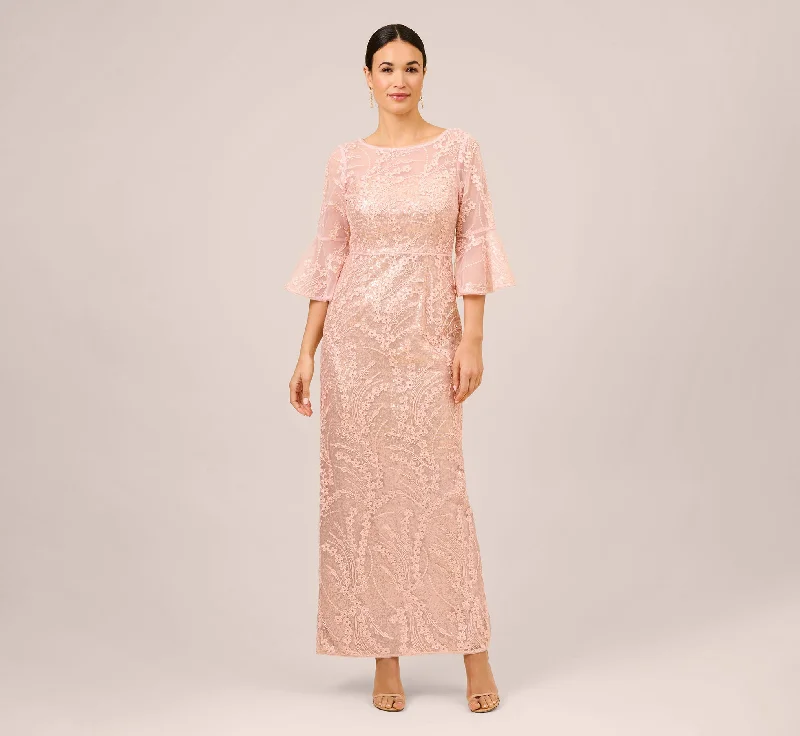 Hand-Sequined And Embroidered Illusion Long Column Gown In Blush Pearl