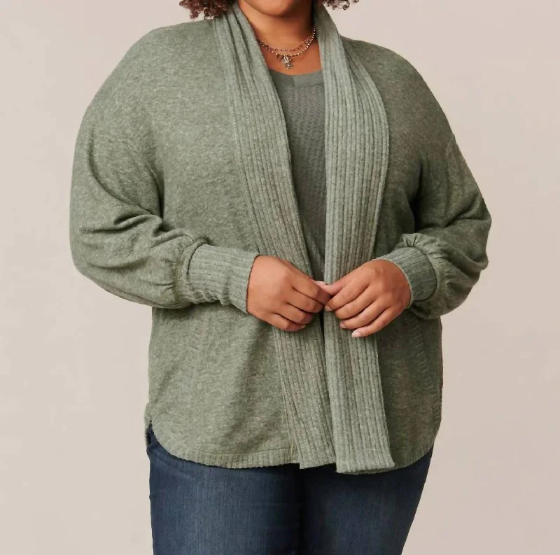 Curvy Shawl Open Cardigan In Heather Olive