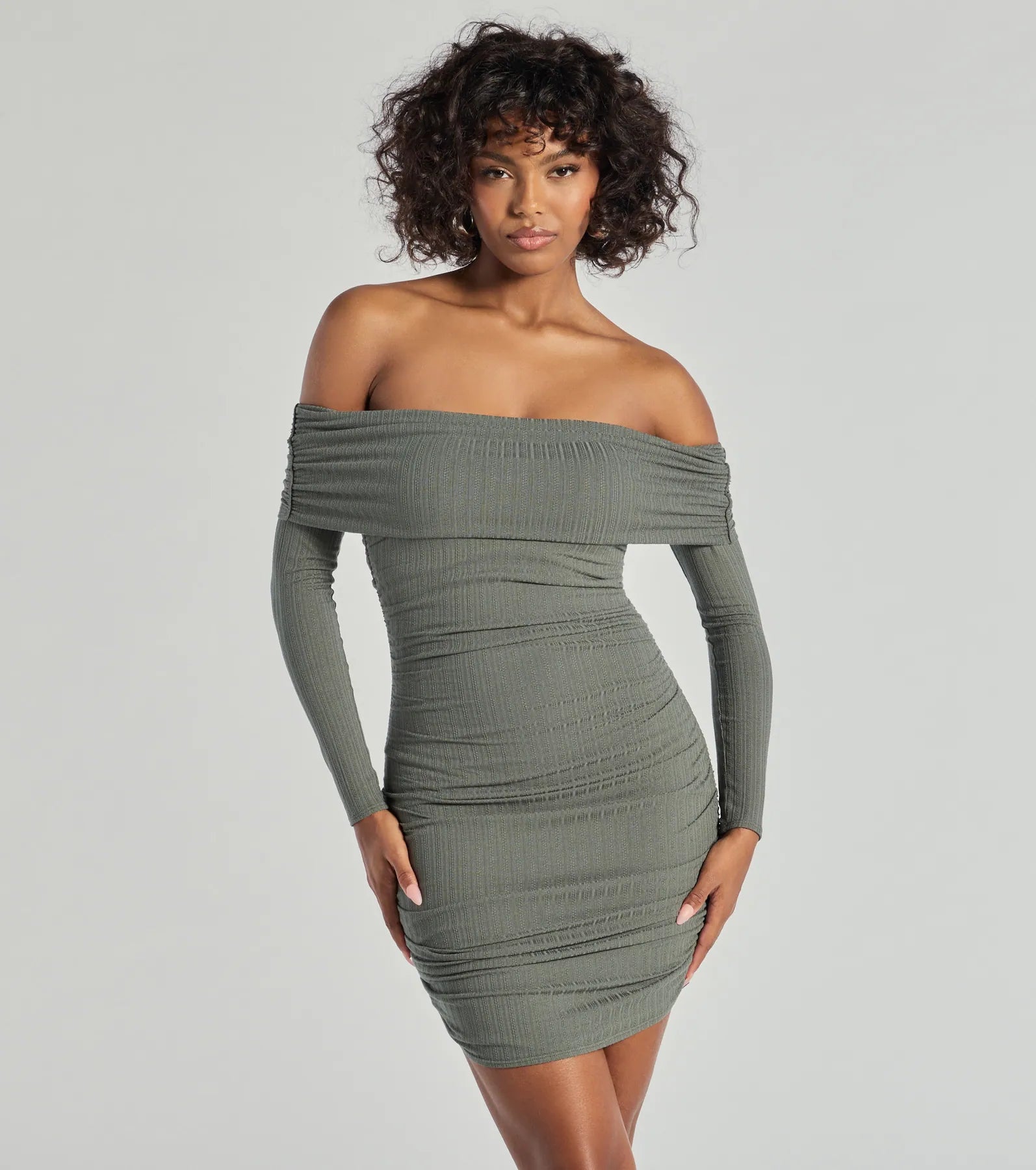 High-fashion styles at affordable prices   Flawless Style Knit Off-The-Shoulder Long Sleeve Mini Dress