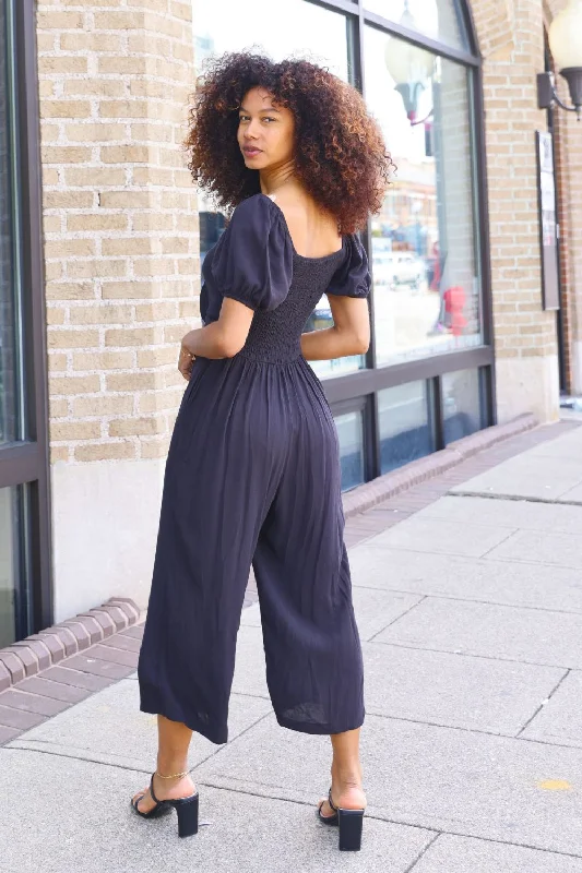 Petite Tie-Front Gaucho Wide Leg Jumpsuit (Black)