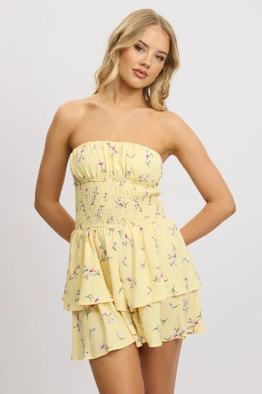 Yellow Floral Strapless Playsuit Ruffled